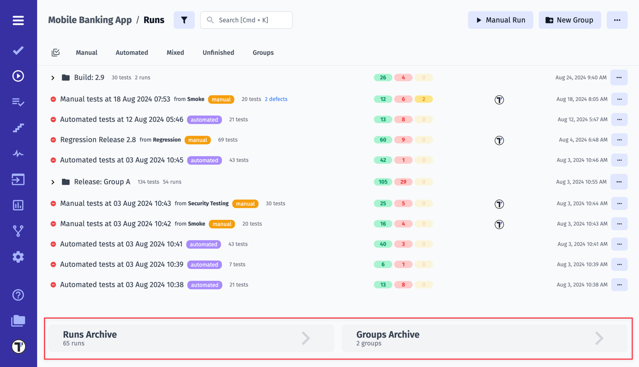 Testomat.io - Archive Runs and Groups