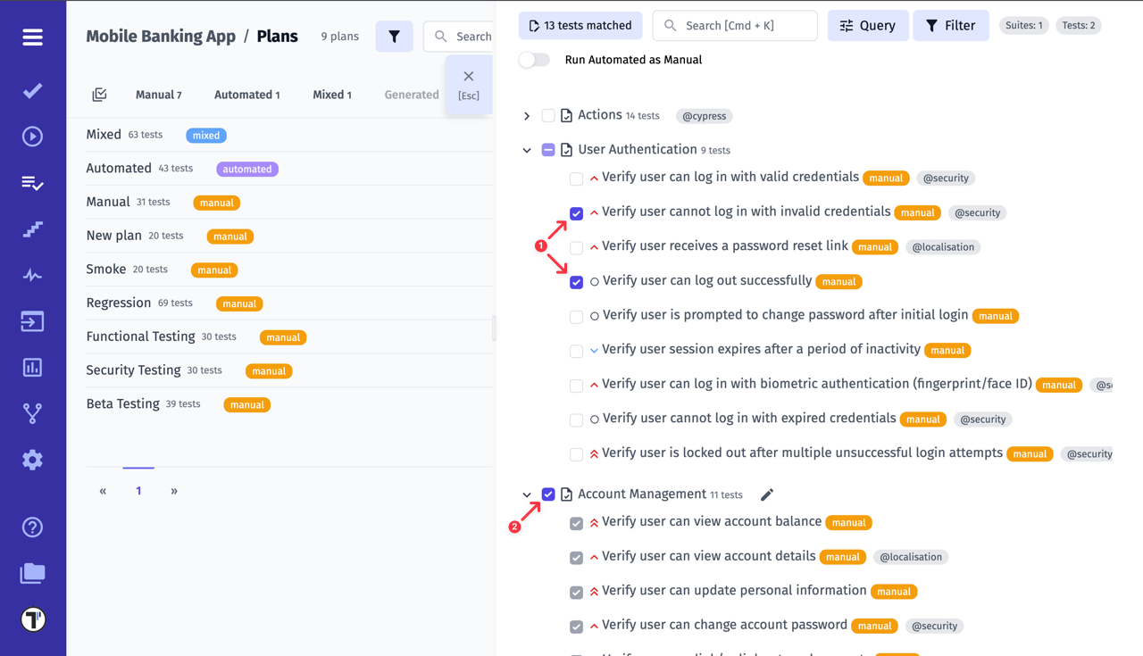 Testomat.io - Select test cases by Checking Tests &#x26; Suites