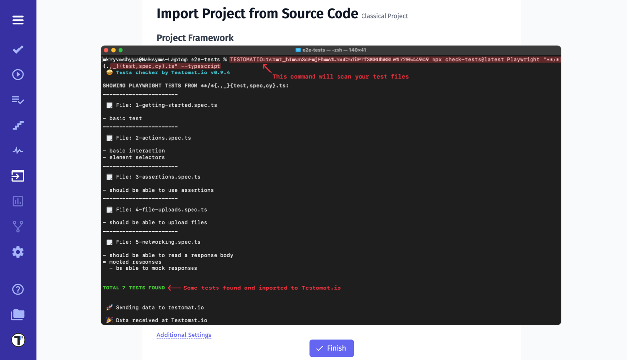 Testomat.io - Execute command in terminal, automated tests found and sent