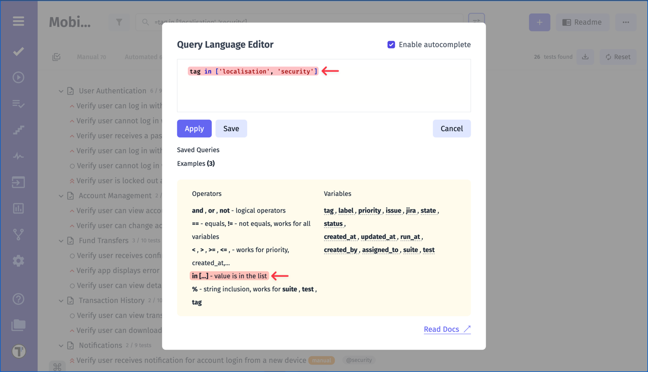 Testomat.io - TQL Multiple values