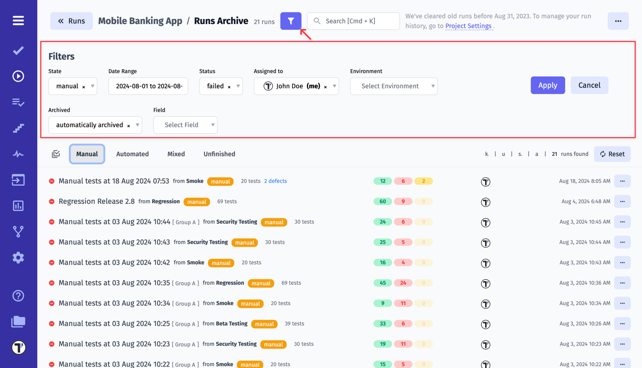 Testomat.io - Runs Archive Filter