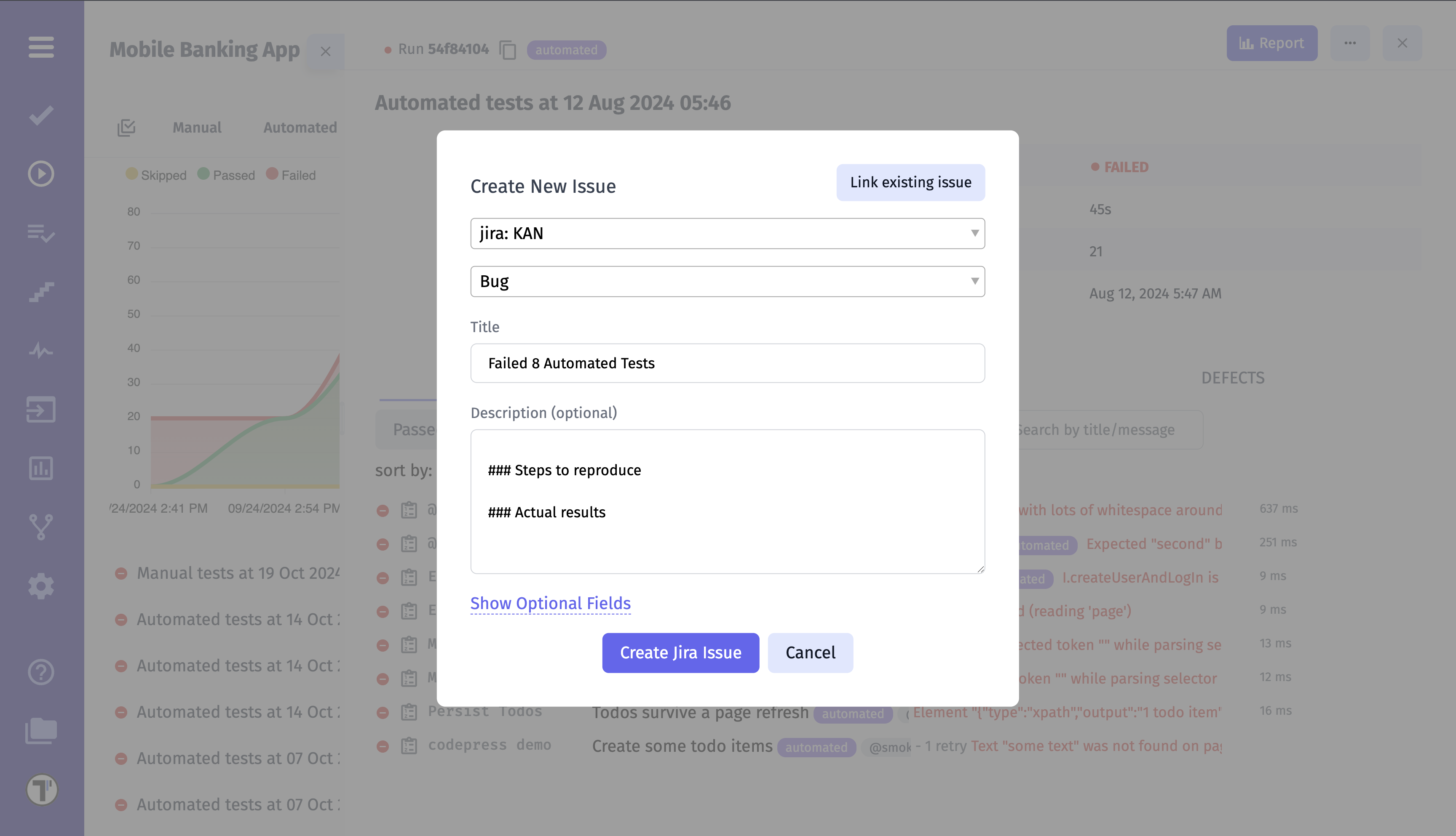 Testomatio.io - Link Failed Run to existing issue or create a new one