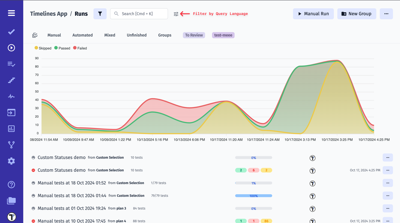 Testomatio.io - Filter Test Runs by Query Language