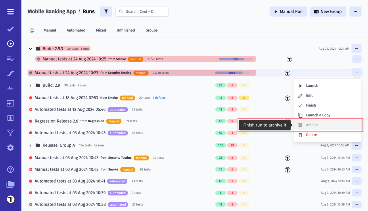 Testomat.io - Archiving of incomplete Runs or Groups