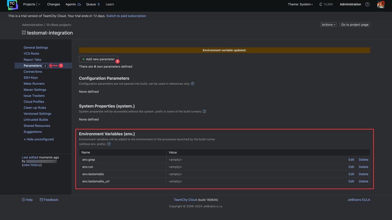 Testomat.io - TeamCity Set Project Parameters
