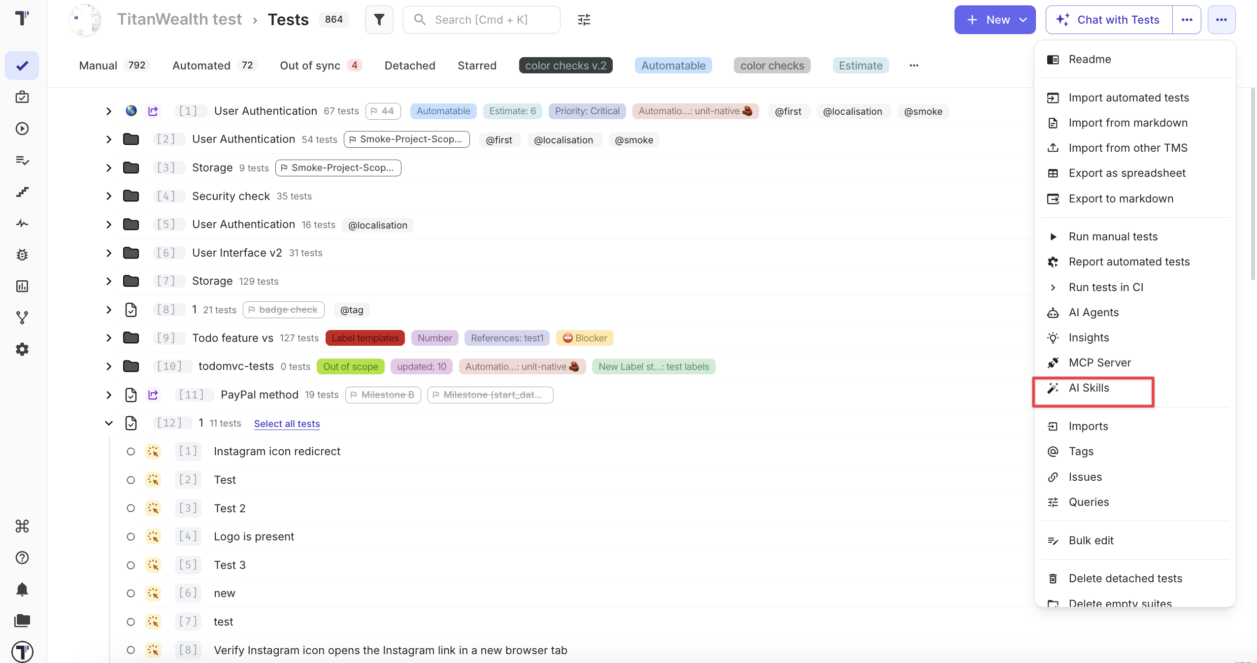 The Tests page menu with AI Skills below AI Agents and MCP Server