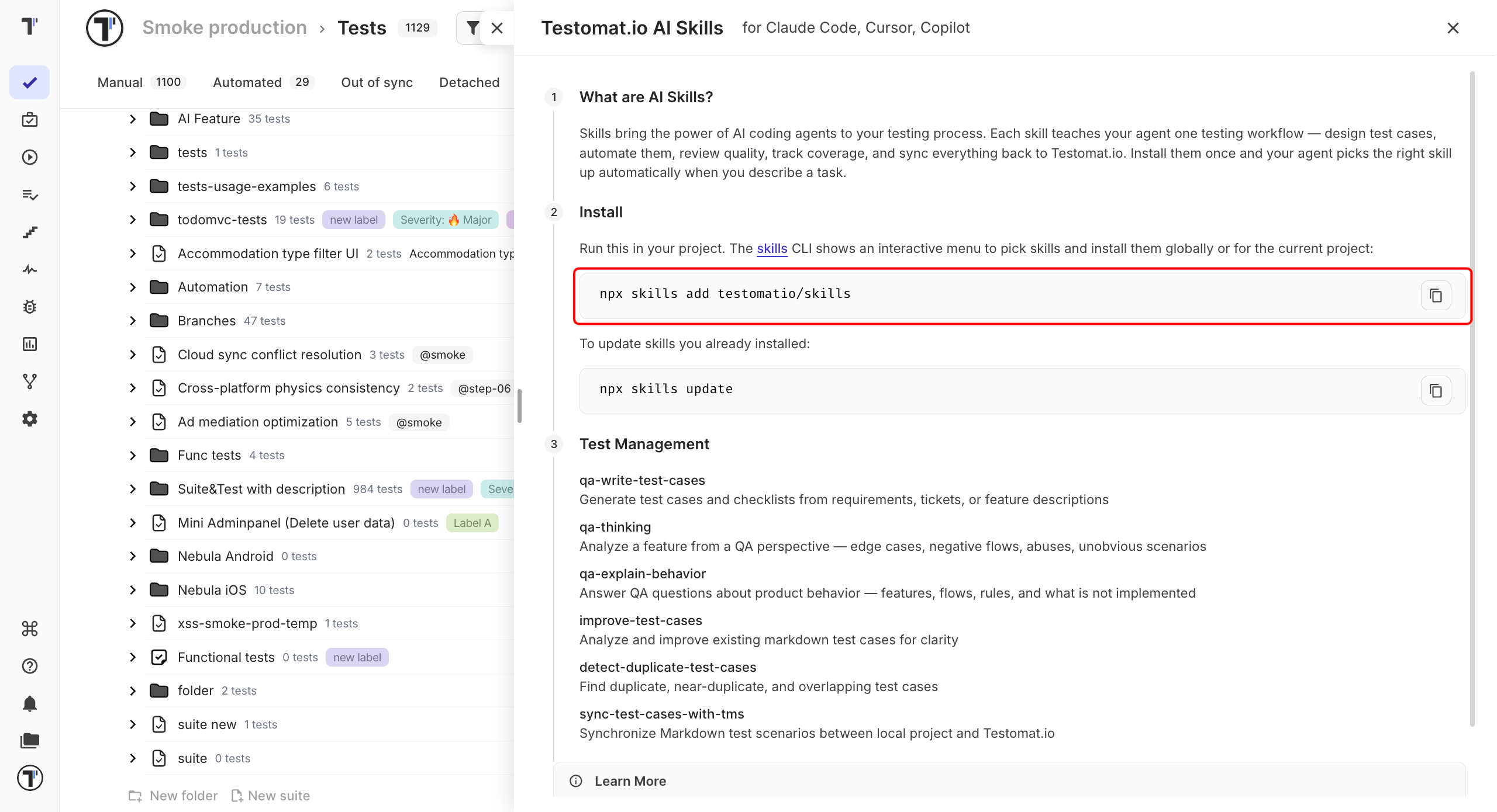 The Testomat.io AI Skills panel with the install command and the list of skills