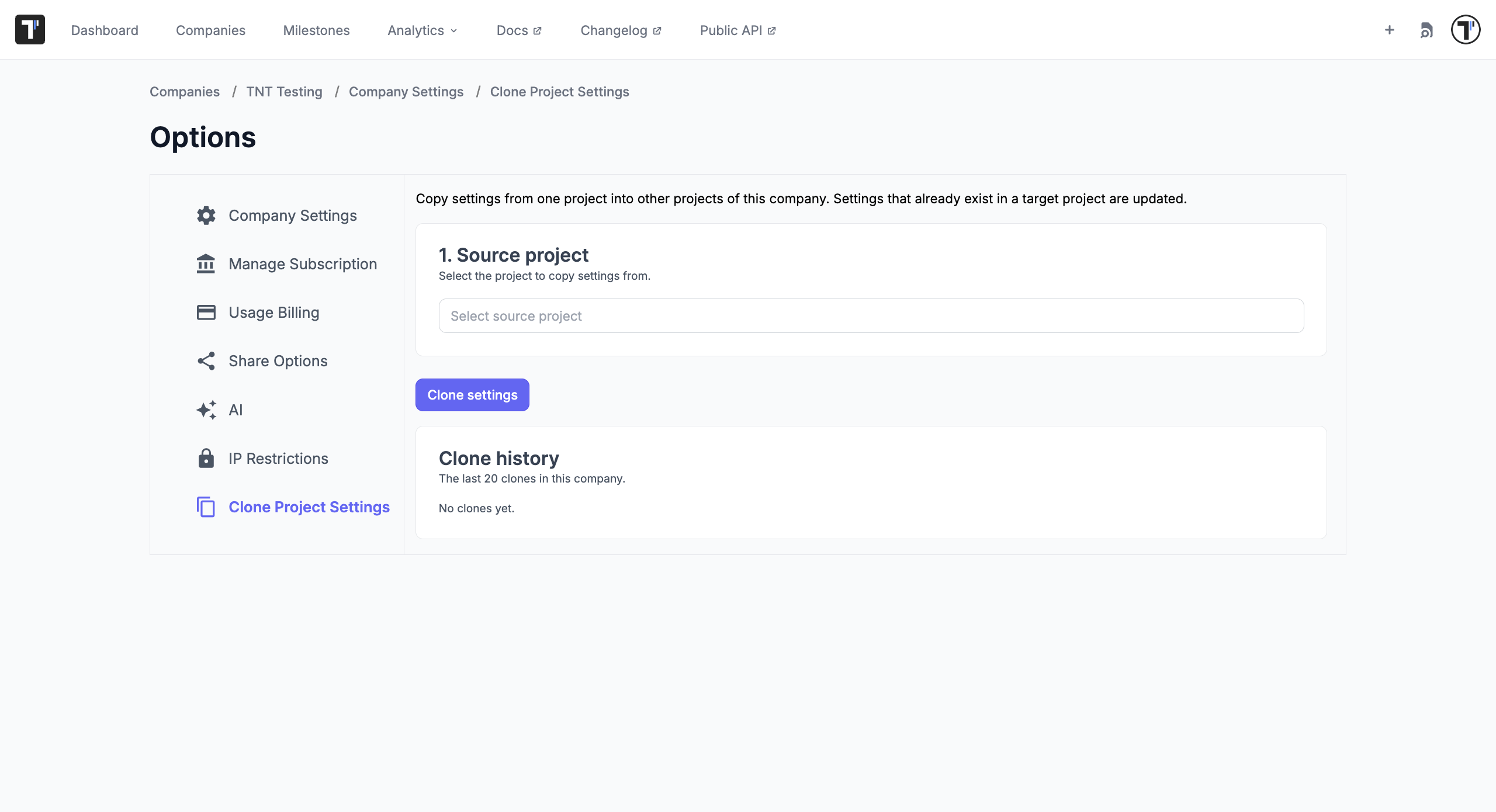 The Clone Project Settings page with the Source project field, the Clone settings button, and Clone history