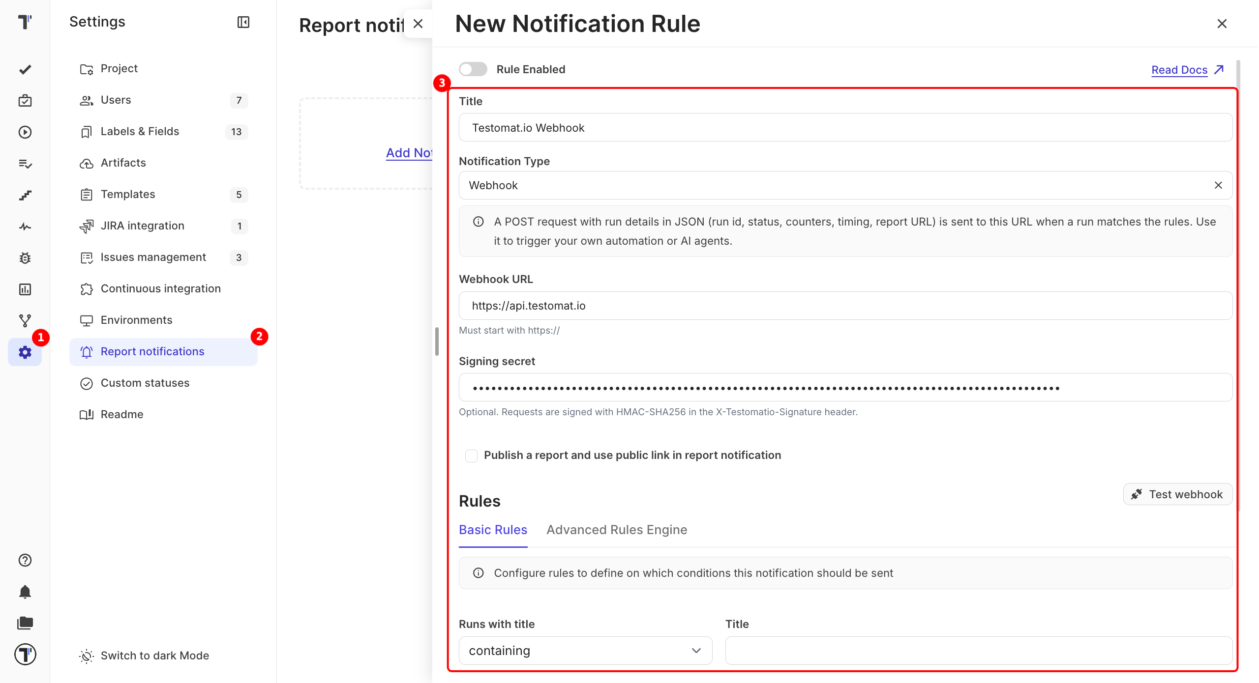 The New Notification Rule window with Webhook selected, the Webhook URL, Signing secret, and Test webhook button