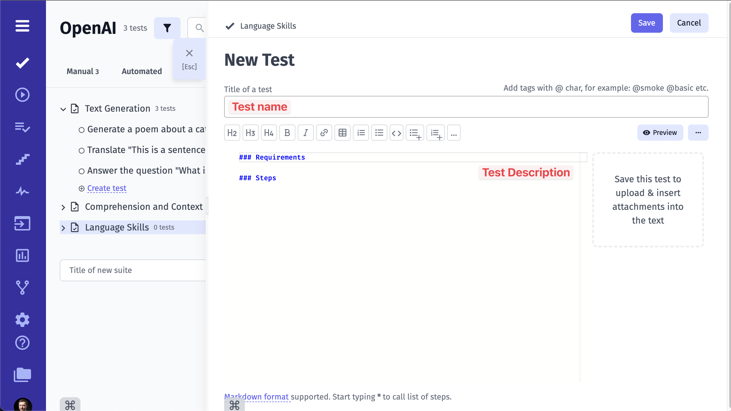 Create test name and test description